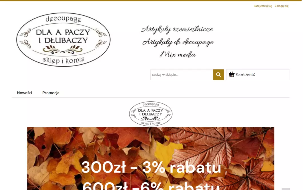 Zrzut ekranu strony Artykuły artystyczne - Dla A Paczy i Dłubaczy